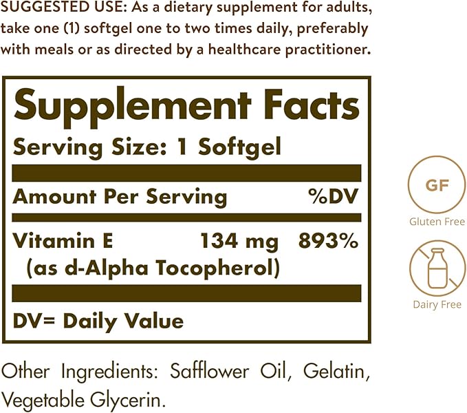 Solgar Vitamin E 200 IU Alpha, 100 Softgels - Antioxidant, Healthy Aging, Healthy Skin, Immune System Support - Natural Source Vitamin E - Gluten Free, Dairy Free - 100 Servings