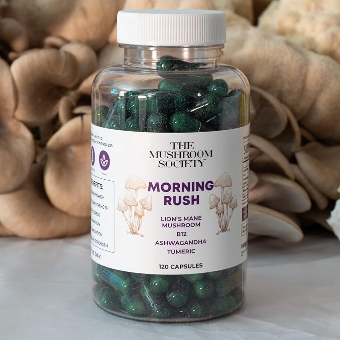 Morning Rush - Lion’s Mane, Ashwagandha, Turmeric & B12 Extract Blend - Mushroom Supplement for Focus & Energy Support - 120 Vegan Capsules