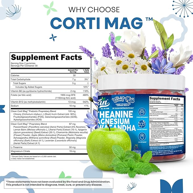 Clean Nutra L-Theanine Magnesium Ashwagandha Cortisol Gummies Apigenin Vitamin B6 Sleep Aid Calm Stress Relief Support Cortisol Management Supplement Lavender Chicory Prebiotic Advanced Gummy Formula