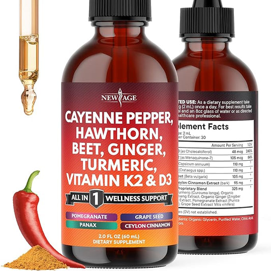 Cayenne Pepper Supplement Liquid Drops + Hawthorn Berry, Vitamin D3 K2 Beet Root Powder, Ceylon Cinnamon, Turmeric Curcumin, Organic Panax Ginseng - 2oz