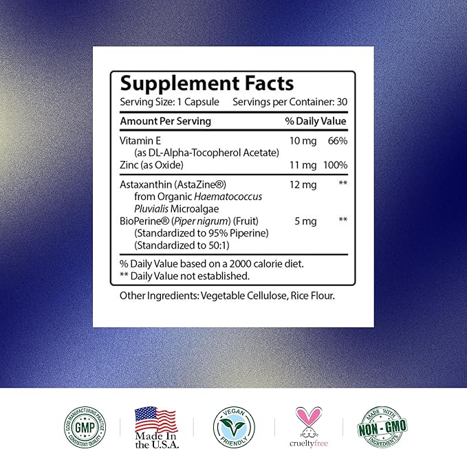 Research Verified Astaxanthin - Powerful Antioxidant, Fights Free Radicals, Supports Skin, Brain, Eyes, and Heart - Zinc RDA, Vitamin E, BioPerine - 3 Month Supply - Non-GMO, Made in The USA