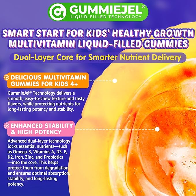 Kids Multivitamin Gummies with Omega-3 (DHA & EPA), Liposomal Multivitamin for Kids 4+ w/Vitamin D3, K2, Methylated B12, Folate, C, Probiotics, Lutein & Zeaxanthin for Brain, Immunity, Gut, Eye, 60Cts