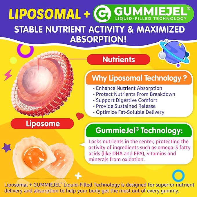 Kids Multivitamin Gummies with Omega-3 (DHA & EPA), Liposomal Multivitamin for Kids 4+ w/Vitamin D3, K2, Methylated B12, Folate, C, Probiotics, Lutein & Zeaxanthin for Brain, Immunity, Gut, Eye, 60Cts
