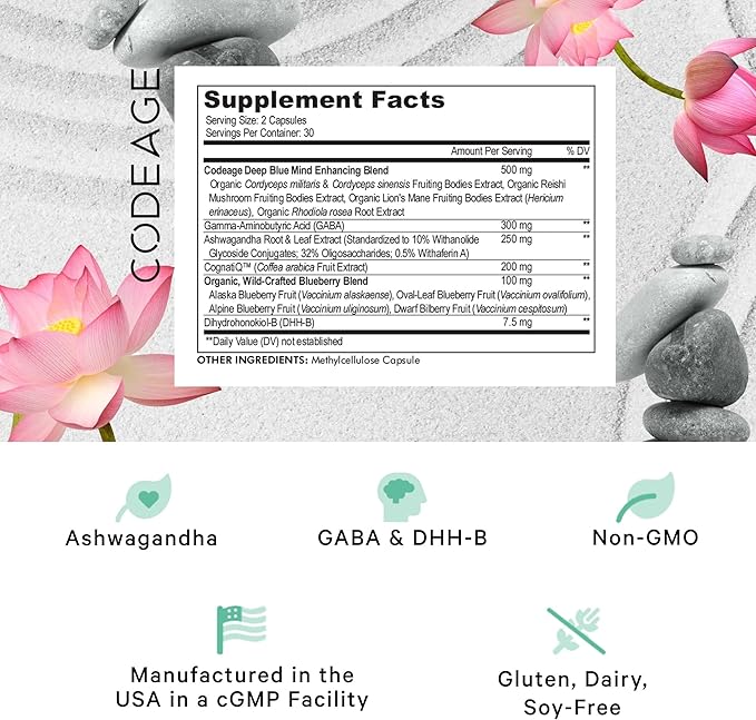 Codeage Meditate Vitamins+ Supplement - CognatiQ, DHH-B, GABA, Ashwagandha, Organic Mushrooms, Blueberries - BDNF Brain Pills and Neuroprotein - Vegan, Non-GMO, Gluten-Free - 60 Capsules