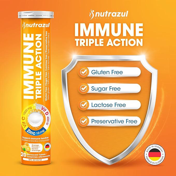nutrazul Immune Triple Action Effervescent Tablets - Vitamin C 1000 mg, Vitamin D 400 IU, Zinc 10mg I Orange (Pack of 5X20) | Gluten Free, Sugar Free, Lactose Free & Preservative Free