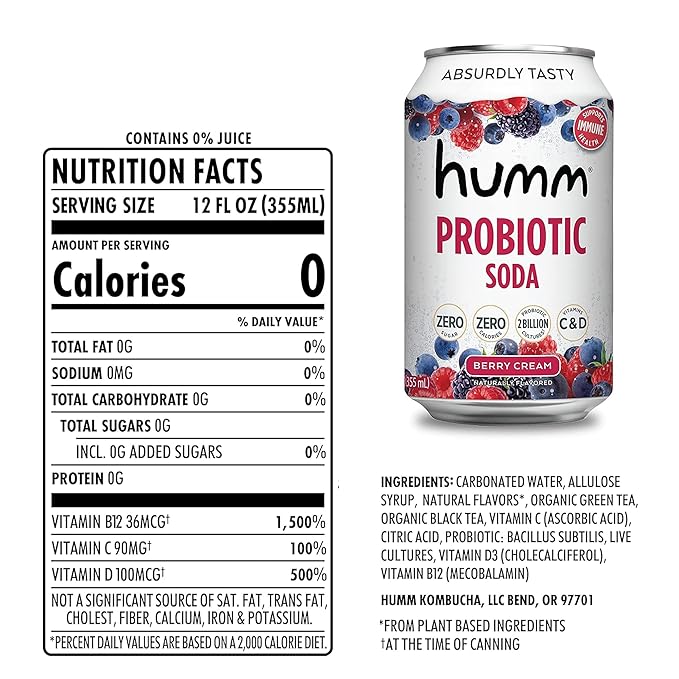 Humm Sparkling Probiotic Berry Cream Soda, Zero Sugar, Zero Calorie, 2 Billion Probiotics, Vitamin C, D, and B12, 12 fl oz (12 Pack)