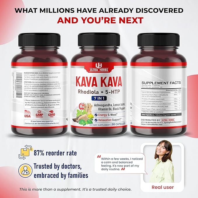 Kava Kava Capsules Supplement - Formula Enriched with Ashwagandha, 5-HTP, Rhodiola, Lemon Balm, Support Mood, Calm & Relaxation | 90 Capsules