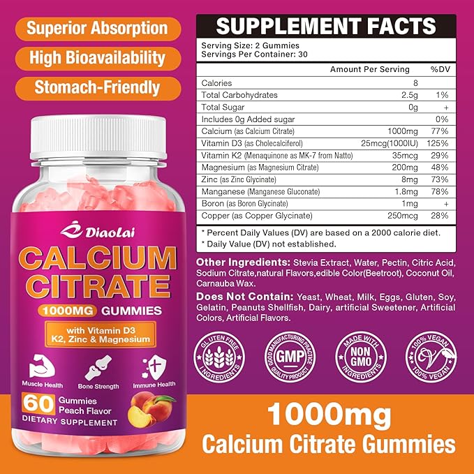 Calcium Citrate Gummies - 1000mg per Serving - Supports Bone & Teeth Health with Vitamin D3 & K2 - Delicious Peach Flavor - Non-GMO, Gluten-Free - 60 Gummies