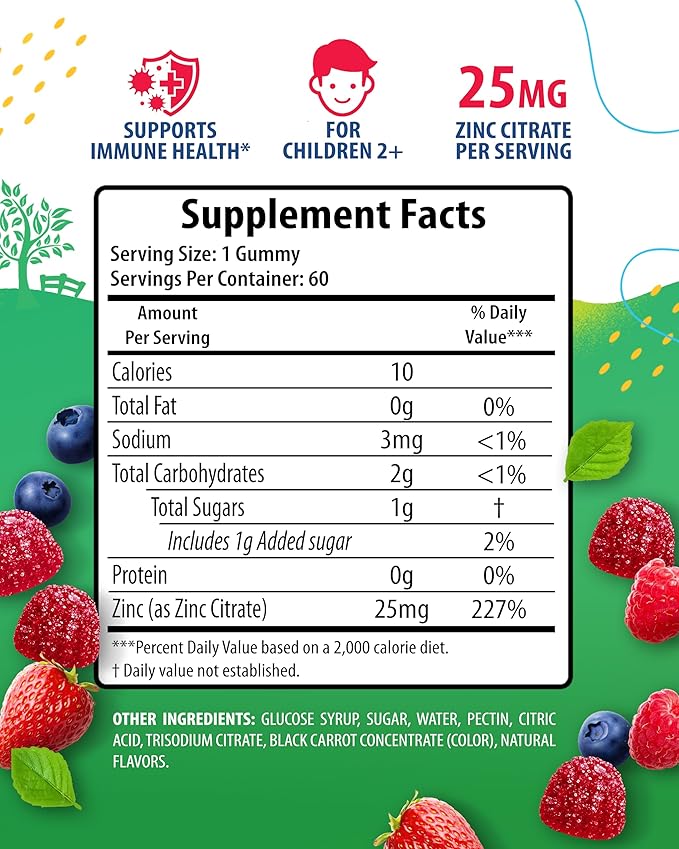 Zinc Gummies for Kids - Chewable Zinc Gummy Supplement for Children Immune Support - Low Sugar Natural Antioxidant Non-GMO Vitamin Chewables for Toddlers & Teens - 2Pack