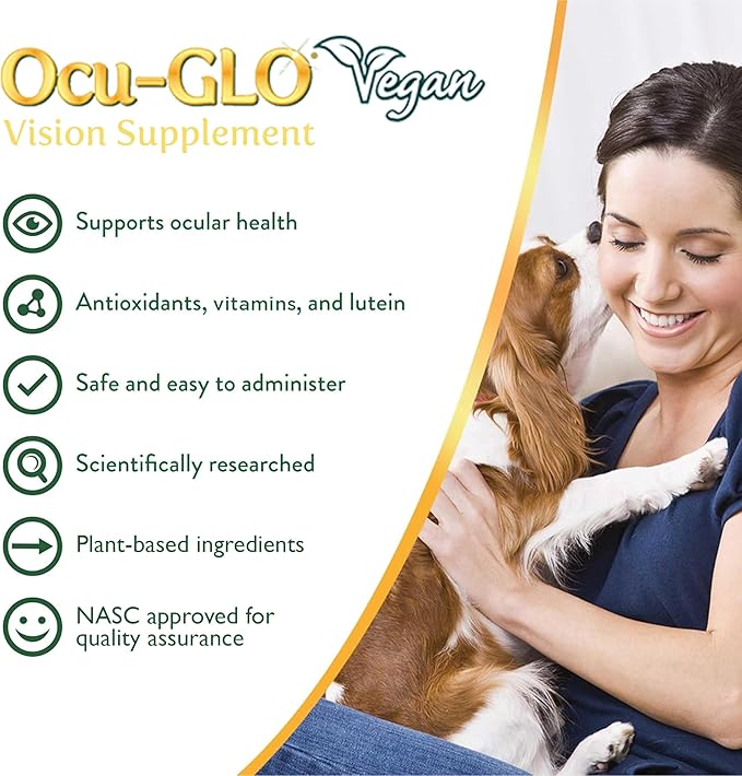 Ocu-GLO® Vegan Capsules - Vision Supplement for Dogs & Mature Cats - Formulated with Lutein, Algae Based Omega-3 Fatty Acids, Grape Seed Extract & Antioxidants to Promote Eye Health - 90 ct