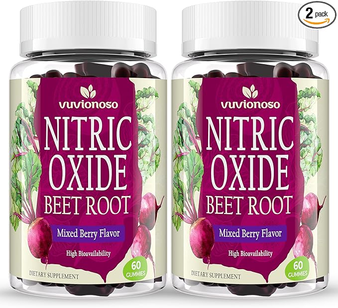 Beet Root Gummies 6000mg – Nitric Oxide Supplement with Grapeseed, Pomegranate, Vitamin C & B12 - Sugar-Free Mixed Berry Flavor – 60 Gummies (2 Bottles)