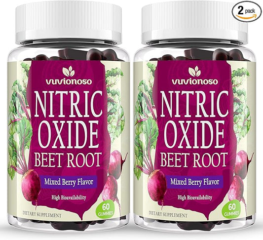 Beet Root Gummies 6000mg – Nitric Oxide Supplement with Grapeseed, Pomegranate, Vitamin C & B12 - Sugar-Free Mixed Berry Flavor – 60 Gummies (2 Bottles)