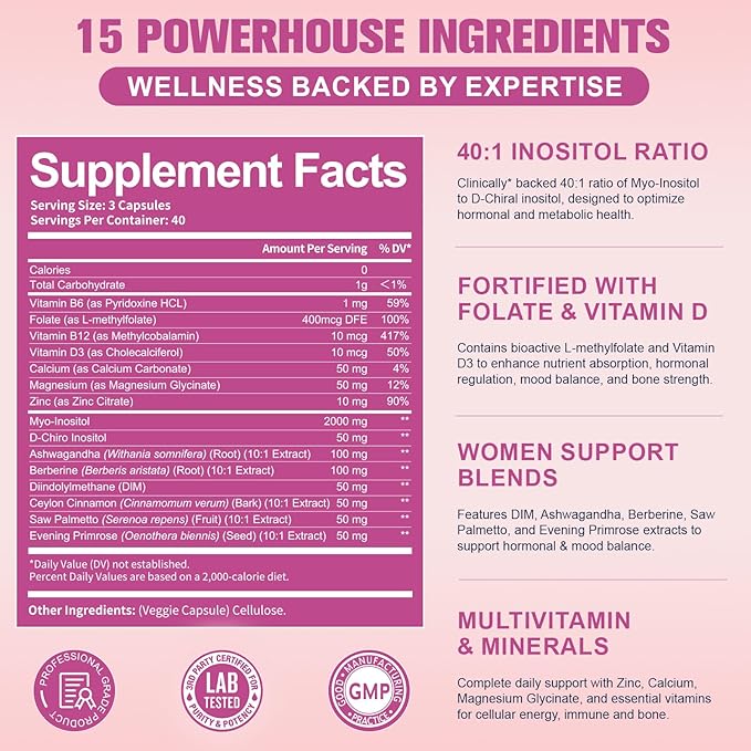 15-in-1 Myo-Inositol & D-Chiro Inositol for Women, 2050 mg Inositol Supplement w/DIM, Berberine, MTHF, Vitamin D, Clinically 40:1 Ratio, for Hormone Balance, Ovarian Function, 120 Capsules