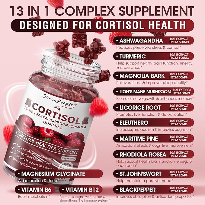Cortisol Supplements for Women - 15-in- 1 Cortisol Reducer Detox Manager with Ashwagandha/Magnesium/L-theanine/Phosphatidylserine/Vitamin B6 for Mood/Focus & Sleep 60CT