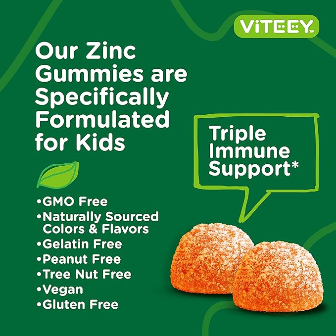 Viteey Zinc for Kids Gummies 10mg, with Vitamin C & Echinacea - Immune Support, Powerful Natural Antioxidant, Kids Zinc Vitamin Supplement - Vegan, Gelatin Free - Tasty Chewable Orange Flavor Gummy