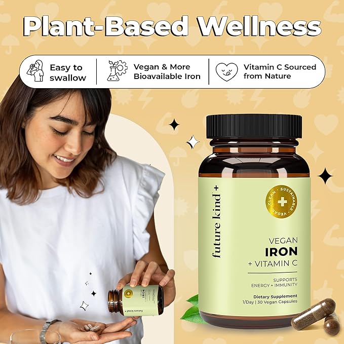 Future Kind Vegan Iron Supplement for Men & Women with Vitamin C for Energy, Focus and Immunity Support - 30-Day Supply, One Capsule a Day (30ct in Glass Bottle)