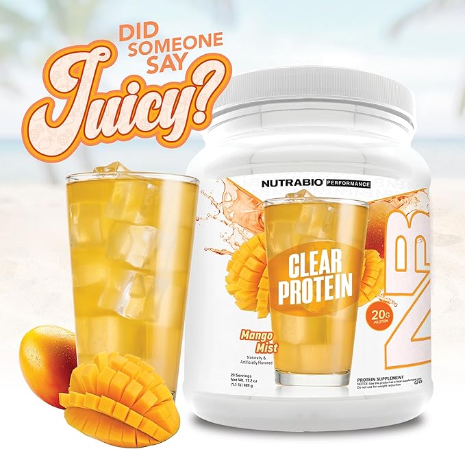 NutraBio Clear Protein Powder, Mango Mist - 20 Servings, 20g Clear Whey Protein Isolate, 0 Sugar, 0g Lactose, Refreshing Fruit Flavors, GLP1 Support - Bone Health - Muscle Post Workout Recovery