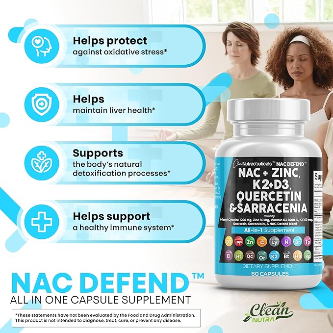 Clean Nutraceuticals NAC Supplement N-Acetyl Cysteine Vitamin D3 K2 Zinc Quercetin Sarracenia Purpurea with Elderberry Holy Basil Bee Propolis Bromelain L-Lysine (2)