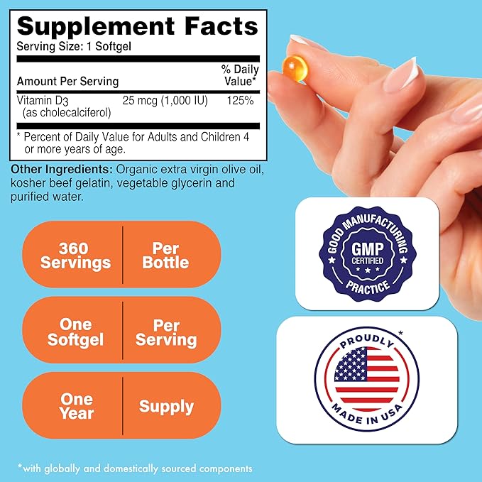 Health Thru Nutrition Vitamin D3 1,000iu 360 Mini Softgels for Maximum Benefit | 25mcg Cholecalciferol | 3rd Party Tested | Non-GMO USP Grade in Organic EVOO | Immune Health Support