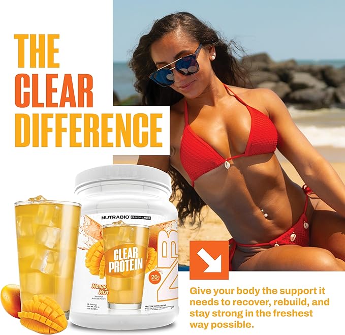 NutraBio Clear Protein Powder, Mango Mist - 20 Servings, 20g Clear Whey Protein Isolate, 0 Sugar, 0g Lactose, Refreshing Fruit Flavors, GLP1 Support - Bone Health - Muscle Post Workout Recovery