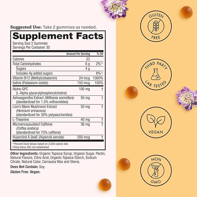 Winged Wellness Rise Up, Energy & Focus Gummies for Women - Daily Brain Boost Gummy Supplement with Natural Caffeine, Ashwagandha, B12, Nootropics Alpha-GPC & Lion’s Mane - Pineapple, 60 Gummies