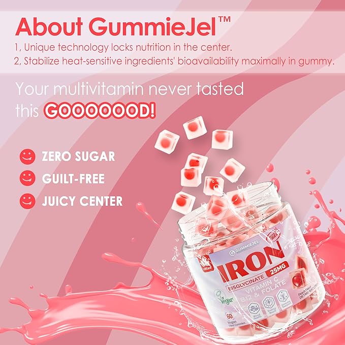 Iron Gummies for Women 25mg Plus Vitamin C, Beet Root, Vitamin B12, Folate for Iron Deficiency, Anemia, Energy Boost, Sugar Free Iron Supplement, Non-Constipating, No After Taste, 60 Cts