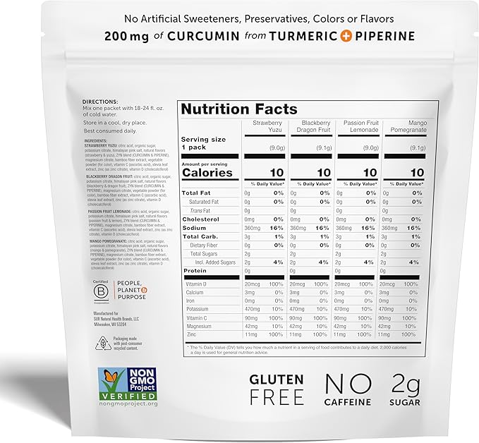 ZYN Electrolyte Drink Mix Hydration Packets, Electrolytes Powder, Hydration Packets w/Turmeric Curcumin, Vitamin C and D, Zinc, Hydrate Electrolyte Powder Packets for Wellness, Variety Pack of 8