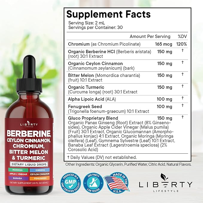 Berberine with Ceylon Cinnamon Supplement Liquid Drops + Bitter Melon Extract, Glucomannan, Gymnema, Chromium, Turmeric, Panax Ginseng, Moringa- 2 OZ