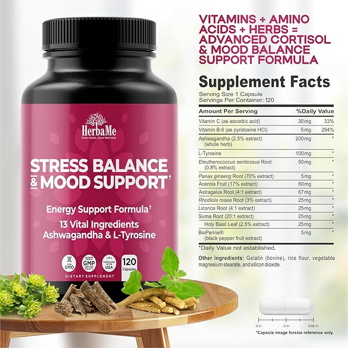 Cortisol Manager Supplement and Balance Mood with Ashwagandha & L-Tyrosine, 120 Capsules, Helps Maintain Healthy Energy Levels and Stress Relief, Fatigue Reducer Pills