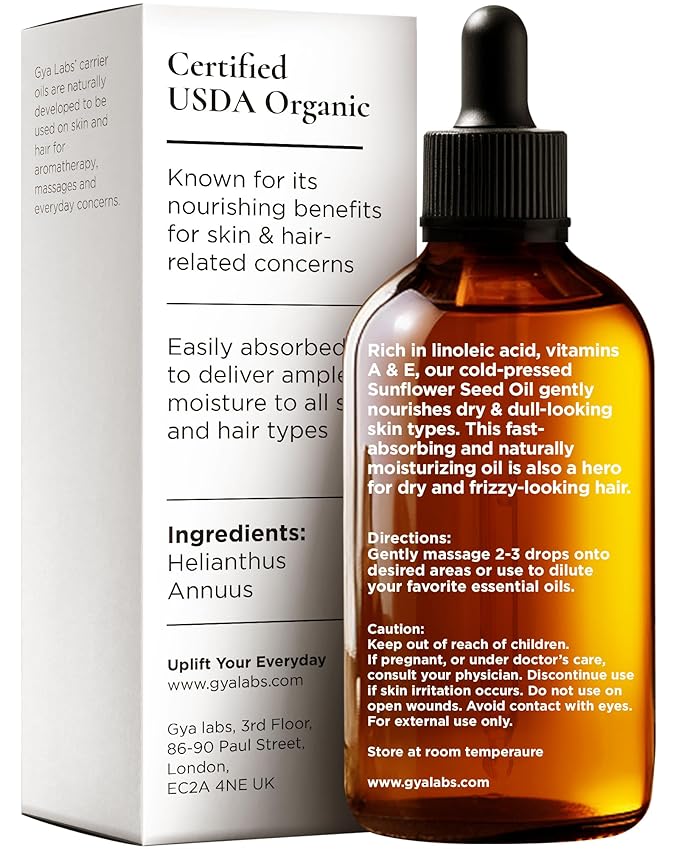 Gya Labs Organic Sunflower Oil for Skin - 100% Pure Natural Sunflower Seed Carrier Oil for Face, Hair, Scalp - Nourishing & Rejuvenating (3.4 Fl Oz)