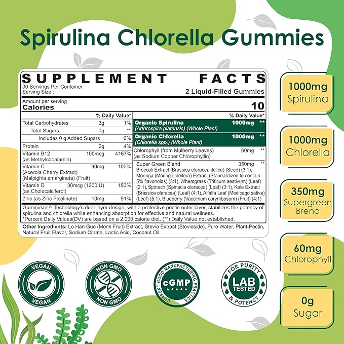 Organic Spirulina Chlorella Gummies, Nutrient-Dense Superfood Rich in Vegan Protein, Super Greens & Chlorophyll + Vitamin C & D3, Zinc, B12 for Natural Energy, Powerful Antioxidants, Sugar Free,60 Cts