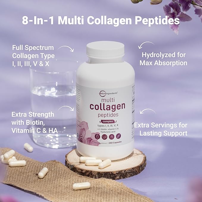 Micro Ingredients Multi Collagen Pills for Women & Men, 240 Capsules | Type I, II, III, V, X - Hydrolyzed Collagen Peptides with Biotin, Hyaluronic Acid & Vitamin C | Hair, Skin, Nail & Joint Support