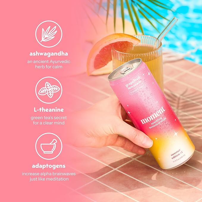 Moment Botanical Soda Soft Drink (Shark Tank) - SPARKLING Non Alcoholic Drinks | Grapefruit Lemonade | L-Theanine & Ashwagandha for Calm & Clarity | 0 Added Sugar 0 Caffeine | 12-pack