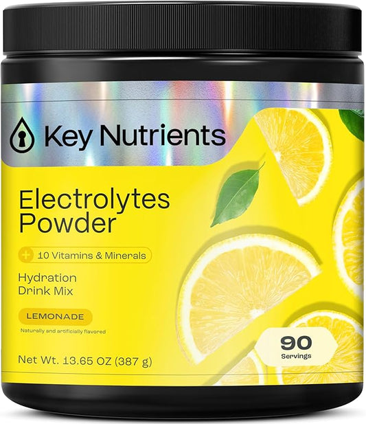 KEY NUTRIENTS Multivitamin Electrolytes Powder No Sugar - Refreshing Lemonade Electrolyte Powder - Sodium & Energy Supplement - Hydration Powder - No Calories - 90 Servings - Made in USA