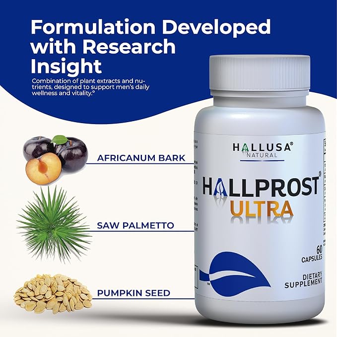 HALLPROST Ultra Prostate Health Supplement for Men, Frequent Urination, Saw Palmetto, Lycopene & Pygeum Blend + Zinc, Vitamin E & Magnesium, Urinary Tract Function, 60 Capsules