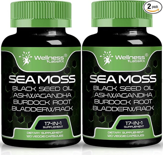 Irish Sea Moss Capsules, 17-in-1, Seamoss Black Seed Oil, 240 Count, Ashwagandha Burdock Root Organic Bladderwrack Capsules | Organic Sea Moss Advanced, Immune and Blood Pressure Support - 2 Pack