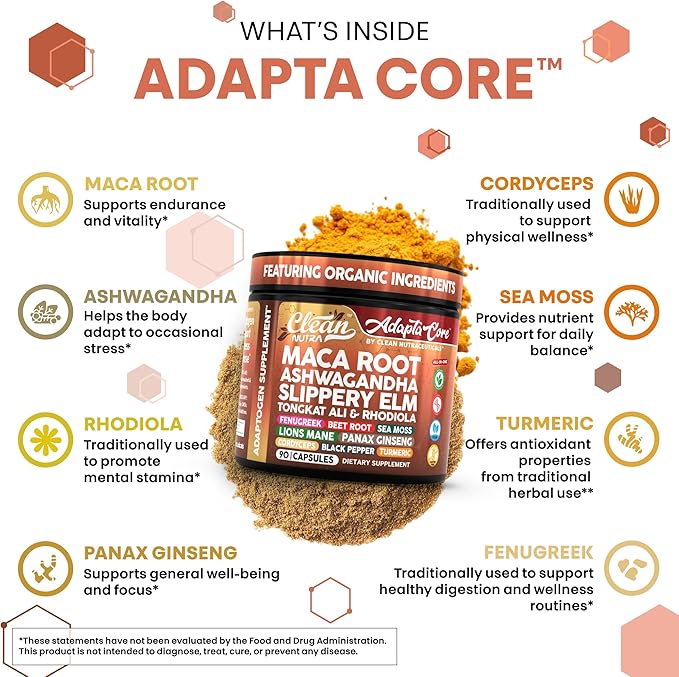 Clean Nutra AdaptaCore, Organic Maca Root Complex with Ashwagandha, Slippery Elm, Fenugreek, 90 Vegan Capsules