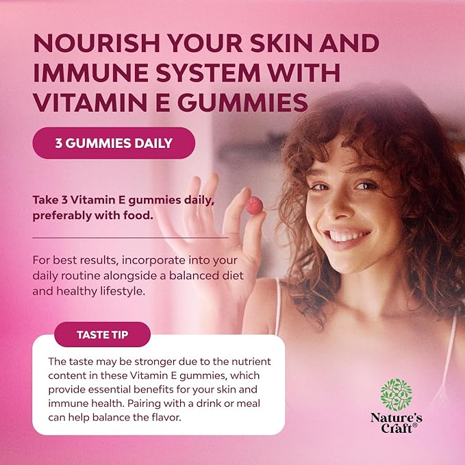 Natures Craft Vitamin E Gummies for Skin Care - High-Potency Vitamin E 400 IU Skin Supplement - Delicious & Easy-to-Take Supplement Promote Health Immune Support & Cellular Protection (1 Month)