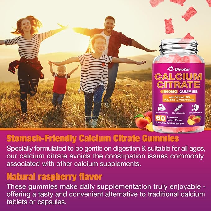 Calcium Citrate Gummies - 1000mg per Serving - Supports Bone & Teeth Health with Vitamin D3 & K2 - Delicious Peach Flavor - Non-GMO, Gluten-Free - 60 Gummies