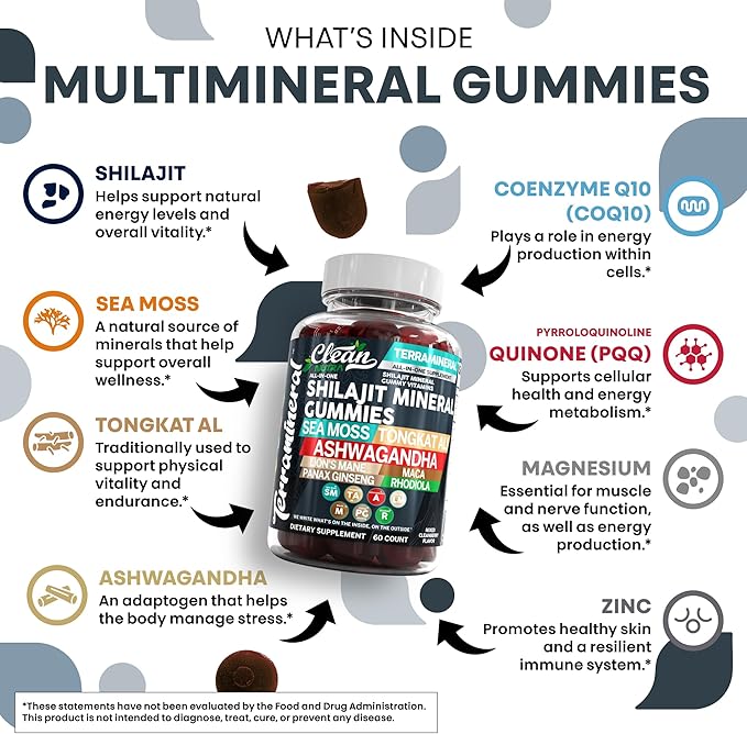 Terramineral Shilajit Gummies with Irish Sea Moss Tongkat Ali Ashwagandha Lion's Mane MACA Panax Ginseng Rhodiola & Cordyceps by Clean Nutra (1)