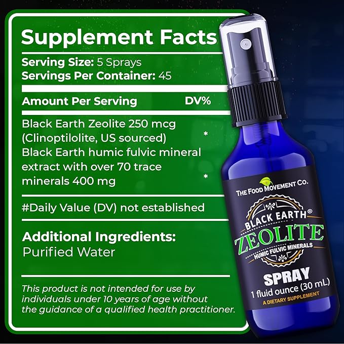 Black Earth Zeolite with Humic Fulvic Acids, Trace Minerals, for Adults and Kids Supports Gut Health, Immune Support, Digestion and Elimination and More 1oz Liquid Pump Spray Supplement