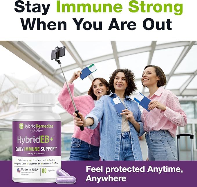 HybridEB Sambucus Elderberry Immune Support with Vitamin C, Zinc, Vitamin D3 - Antioxidant & Immunity Supplement, 1 Month Supply - 9 in 1 Black Elderberry Kids and Adults - 60 Capsules