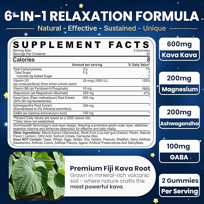 Kava Kava Gummies for Calm, Relaxation & Natural Sleep - with Magnesium, Ashwagandha, GABA, Vitamin B6 D3 - High Potency Kava Root Extract Supplement - Sugar-Free, Melatonin-Free - Vegan 60 Ct