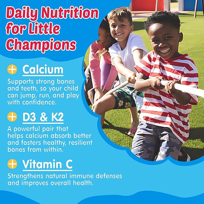 Kids Omega 3 Gummies with Calcium, Vitamin D3 & K2, C, Omega-3 DHA Gummies for Focus and Memory, Bone Health & Immune Support, Kids Omega3 Supplement - No Fish Taste, Non-GMO, Chewable, 60 Counts