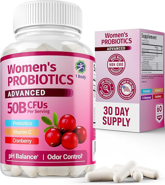 1 Body Probiotics for Women with 50 Billion CFU, Vaginal Probiotics with Prebiotics, Cranberry, D-Mannose & Vitamin C, Vaginal Pills for Microbiome Balance, Digestive & Immune Support, 60 Capsules