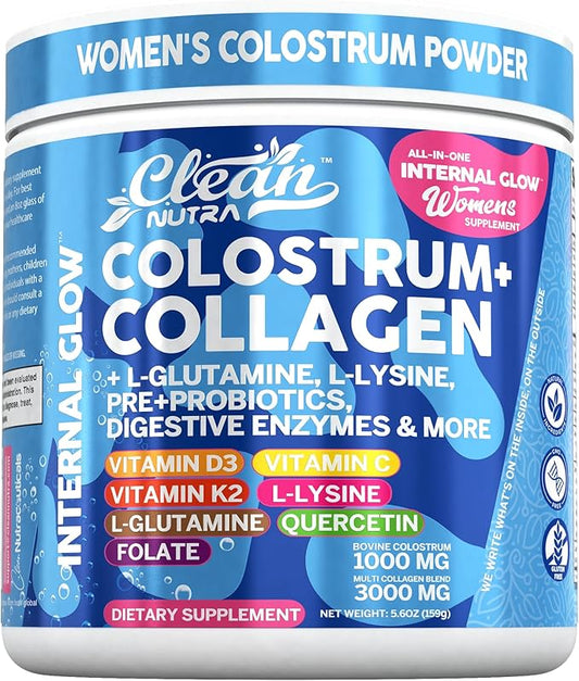 Bovine Colostrum Powder + Collagen Peptides with L-Glutamine L-Lysine Prebiotics Probiotics Digestive Enzymes Vitamin D K2 C Quercetin & Folate | Gut Health Supplement Internal Glow by Clean Nutra