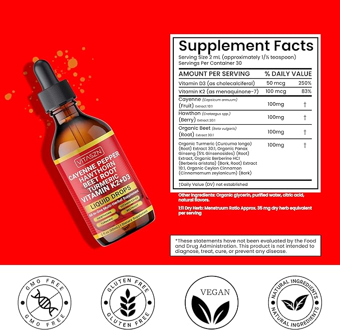 Cayenne Pepper Drops Liquid Supplement with Hawthorn Berry, Vitamin D3 + K2, Beet Root, Ceylon Cinnamon, Turmeric Curcumin, Panax Ginseng & Berberine Vegan-Friendly, Easily Absorbed 2oz - 60ml