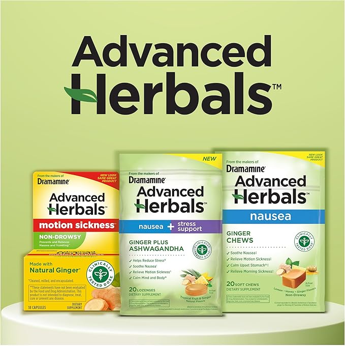 From the Makers of Dramamine, Advanced Herbals, Nausea and Stress Support with Ginger and Ashwagandha, Tropical Fruit and Ginger Flavored Lozenges, 20 Ct