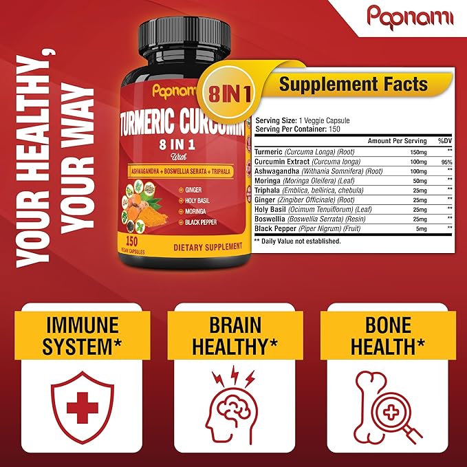 Turmeric Curcumin Capsules - with Ashwagandha, Boswellia, Triphala, Ginger, Holy Basil, Moringa, and Black Pepper - 150 Pills 5 Month Supply