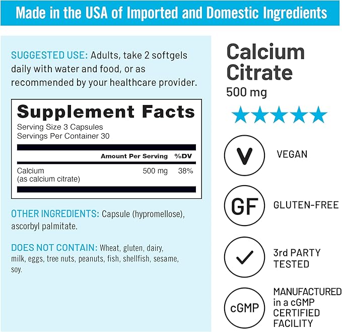 NatureWise Calcium Citrate 500mg Capsules - Supplement for Bone Health - Easy to Digest & Absorb - Vegan, Non-GMO, Gluten-Free - 90 Count[30-Day Supply]